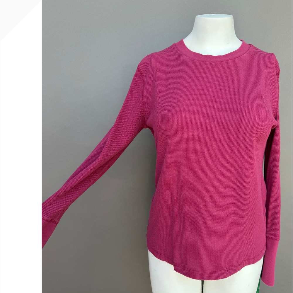 Sundance Waffle Knit Thermal Top Large Magenta Pink Velvet Trim Button Cuff Boho